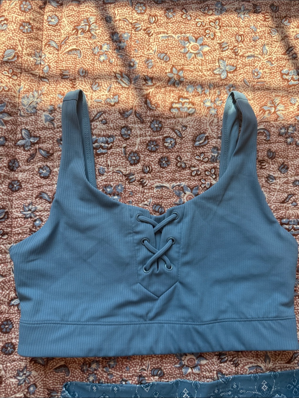 JoyLab Slate Blue Lace-Up Sports Bra & Patterned Bike Shorts Set - Picture 3 of 7